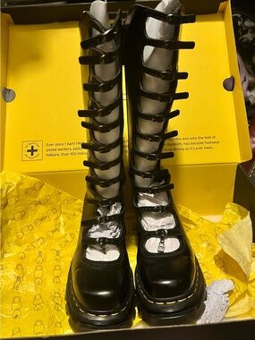Marc Jacobs Black Knee-High Lace-Up Buckle Boots with Yellow Stitching